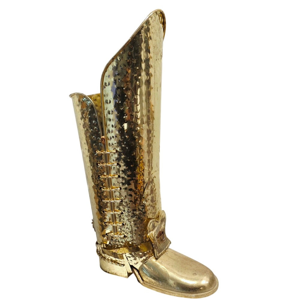 Vintage Hammered Brass Boot Umbrella Stand with Spurs Walking Stick Holder
